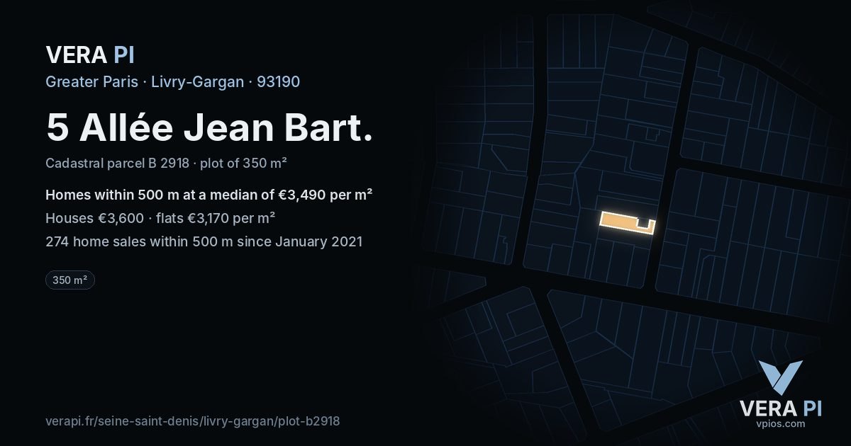 5 Allée Jean Bart, Livry-Gargan at night – the plot lit, the parcels around coloured by the prices near them