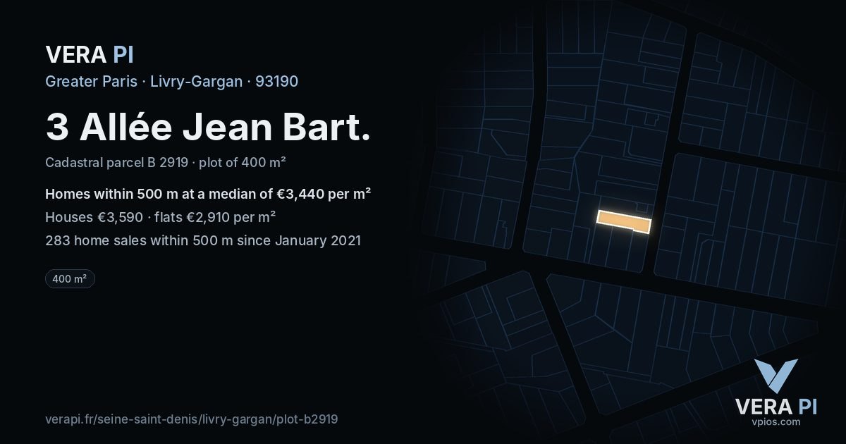 3 Allée Jean Bart, Livry-Gargan at night – the plot lit, the parcels around coloured by the prices near them