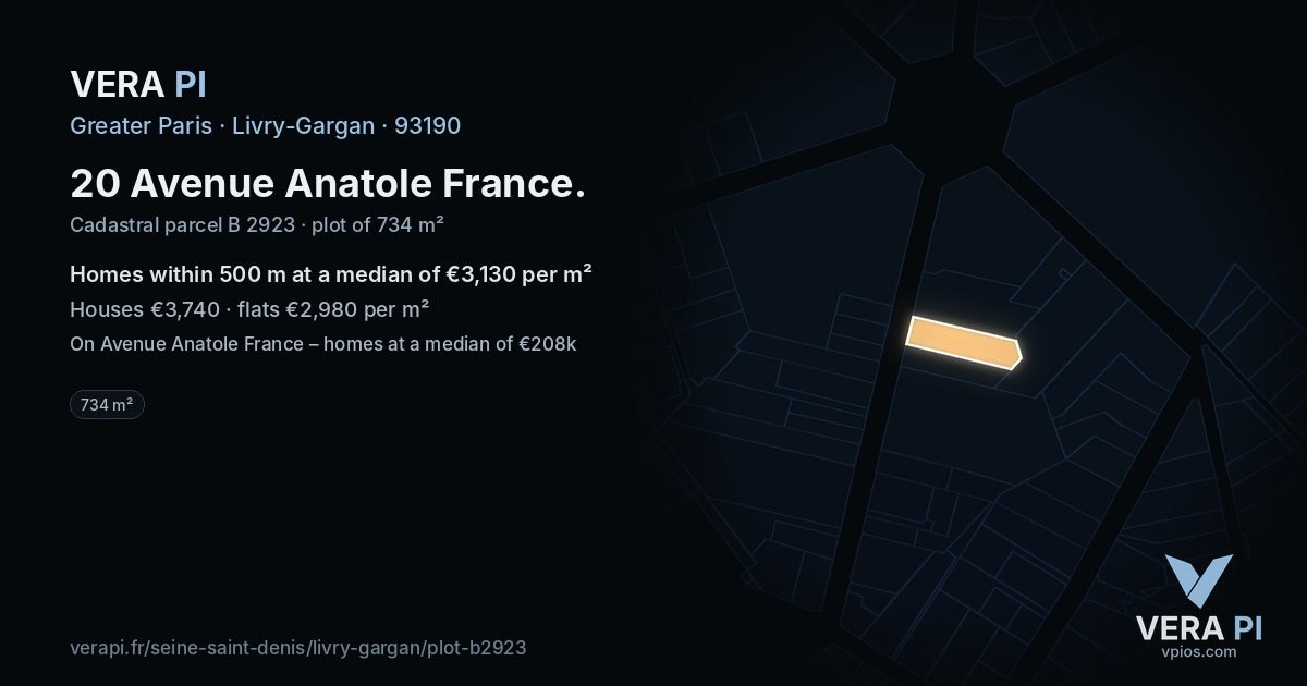20 Avenue Anatole France, Livry-Gargan at night – the plot lit, the parcels around coloured by the prices near them