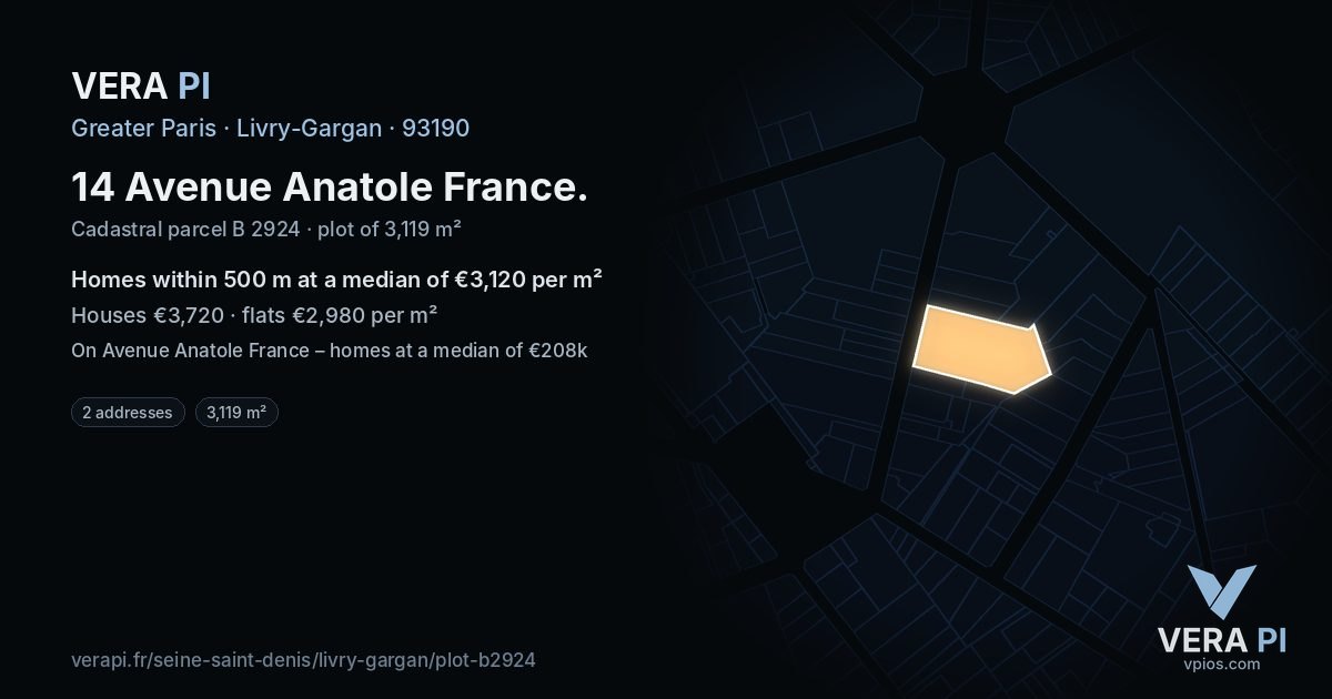 14 Avenue Anatole France, Livry-Gargan at night – the plot lit, the parcels around coloured by the prices near them