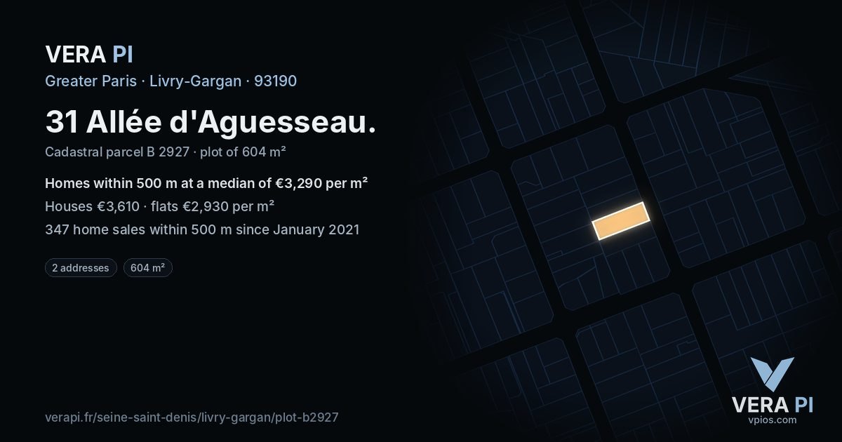 31 Allée d'Aguesseau, Livry-Gargan at night – the plot lit, the parcels around coloured by the prices near them