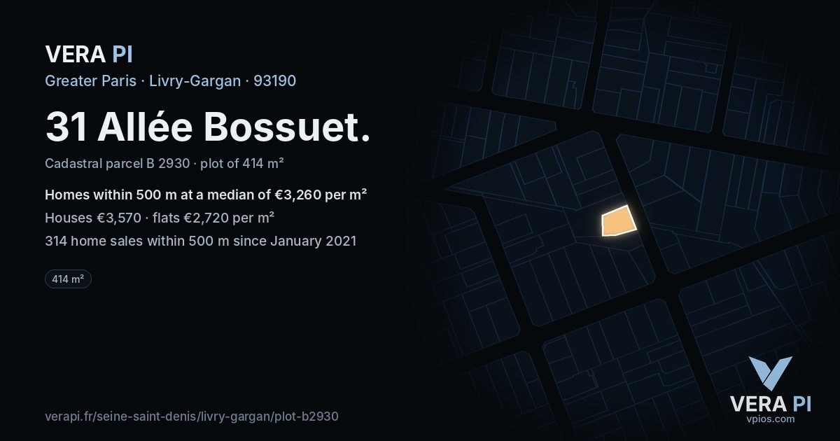 31 Allée Bossuet, Livry-Gargan at night – the plot lit, the parcels around coloured by the prices near them