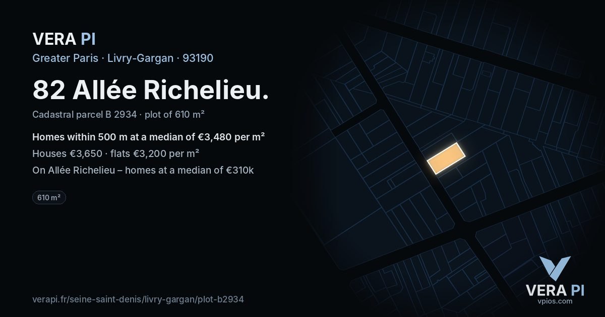 82 Allée Richelieu, Livry-Gargan at night – the plot lit, the parcels around coloured by the prices near them