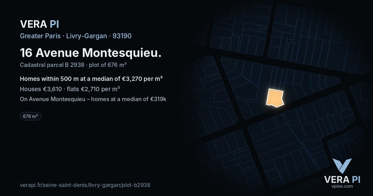 16 Avenue Montesquieu, Livry-Gargan at night – the plot lit, the parcels around coloured by the prices near them