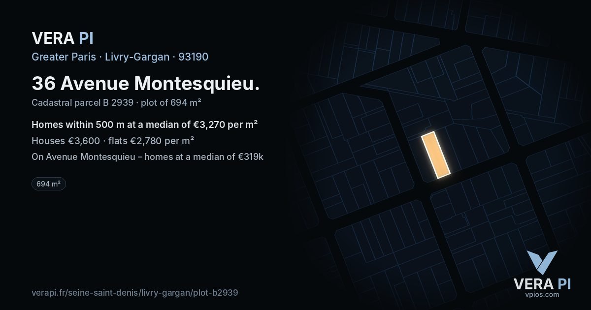 36 Avenue Montesquieu, Livry-Gargan at night – the plot lit, the parcels around coloured by the prices near them