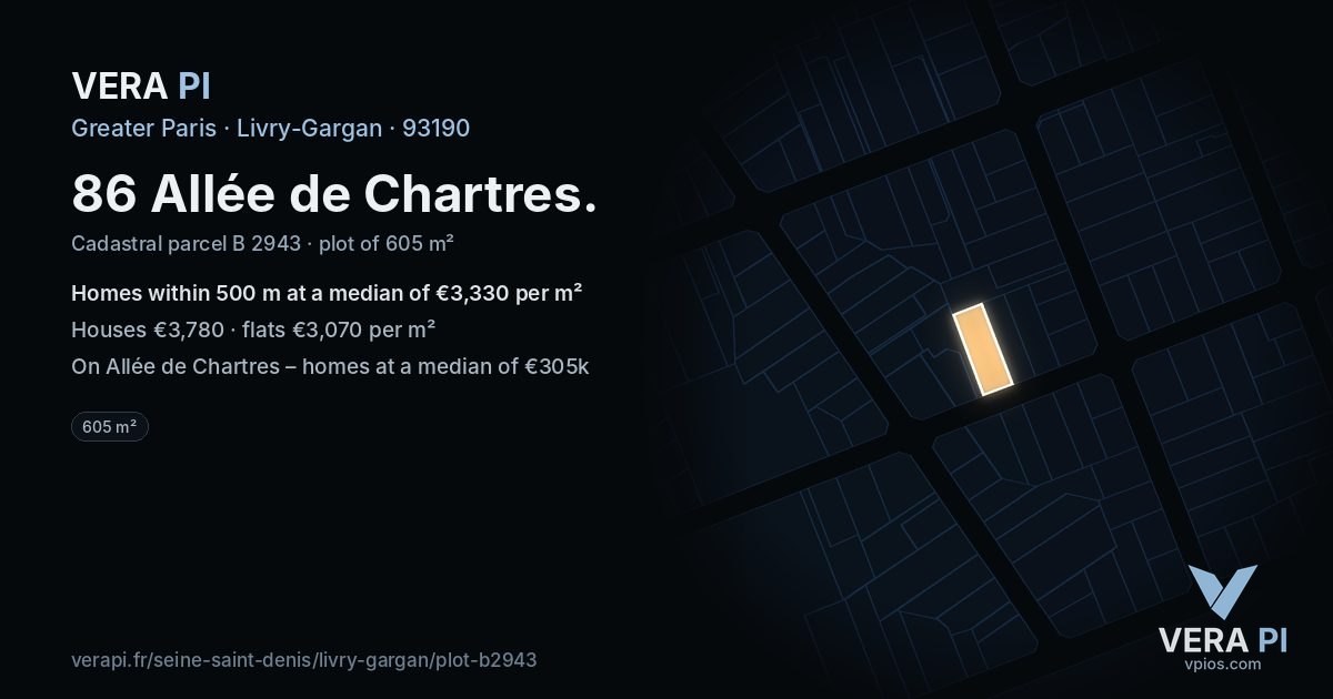 86 Allée de Chartres, Livry-Gargan at night – the plot lit, the parcels around coloured by the prices near them