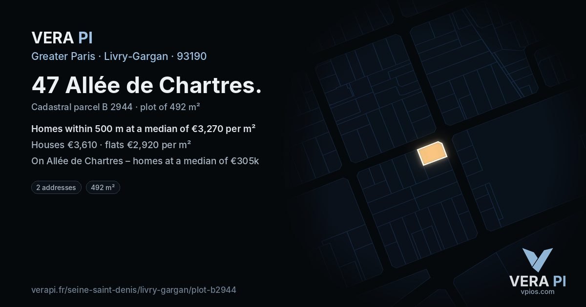 47 Allée de Chartres, Livry-Gargan at night – the plot lit, the parcels around coloured by the prices near them