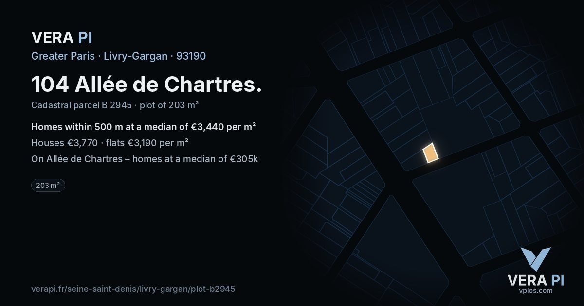 104 Allée de Chartres, Livry-Gargan at night – the plot lit, the parcels around coloured by the prices near them