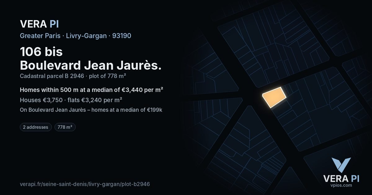 106 bis Boulevard Jean Jaurès, Livry-Gargan at night – the plot lit, the parcels around coloured by the prices near them