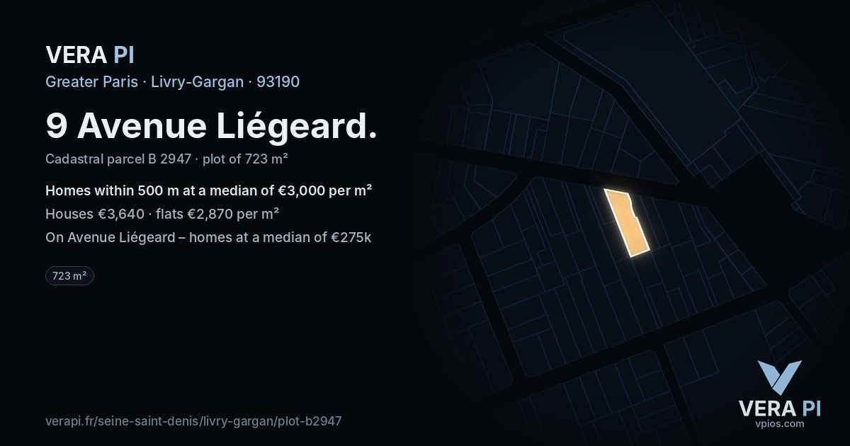 9 Avenue Liégeard, Livry-Gargan at night – the plot lit, the parcels around coloured by the prices near them
