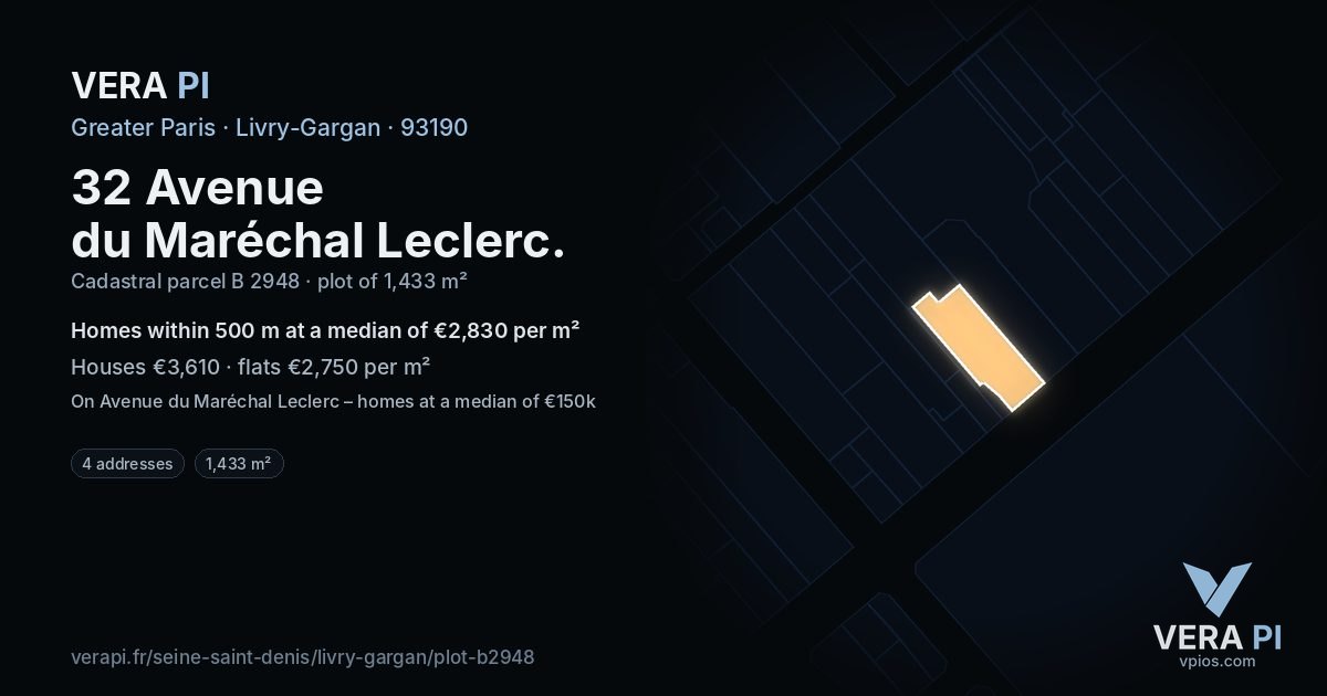 32 Avenue du Maréchal Leclerc, Livry-Gargan at night – the plot lit, the parcels around coloured by the prices near them
