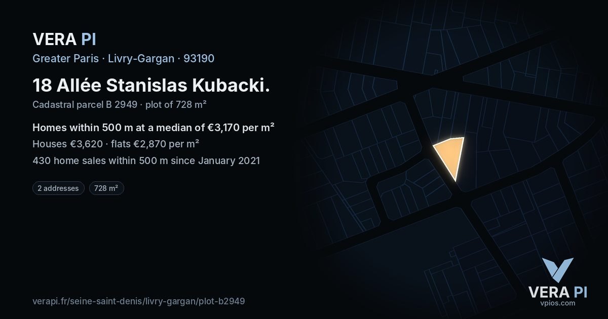 18 Allée Stanislas Kubacki, Livry-Gargan at night – the plot lit, the parcels around coloured by the prices near them