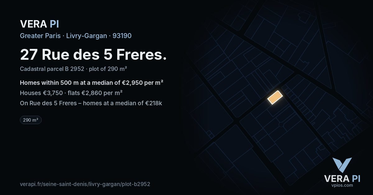 27 Rue des 5 Freres, Livry-Gargan at night – the plot lit, the parcels around coloured by the prices near them
