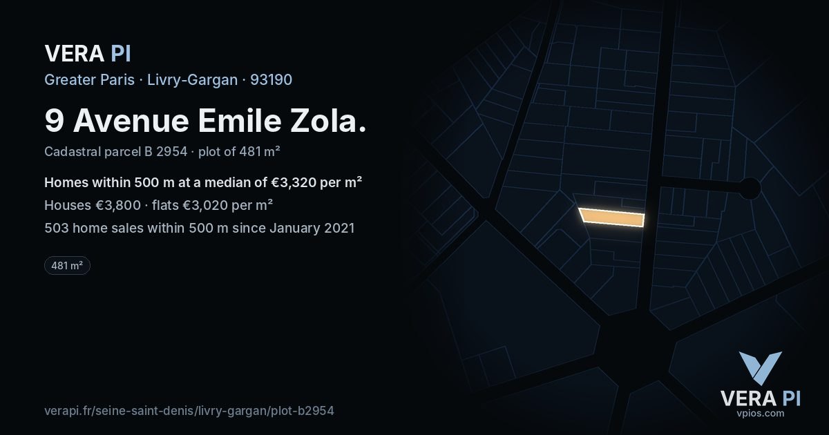 9 Avenue Emile Zola, Livry-Gargan at night – the plot lit, the parcels around coloured by the prices near them
