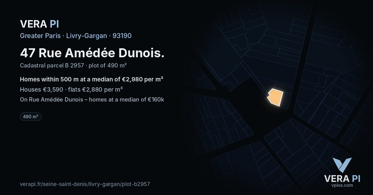 47 Rue Amédée Dunois, Livry-Gargan at night – the plot lit, the parcels around coloured by the prices near them