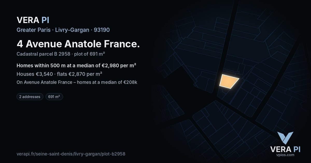 4 Avenue Anatole France, Livry-Gargan at night – the plot lit, the parcels around coloured by the prices near them