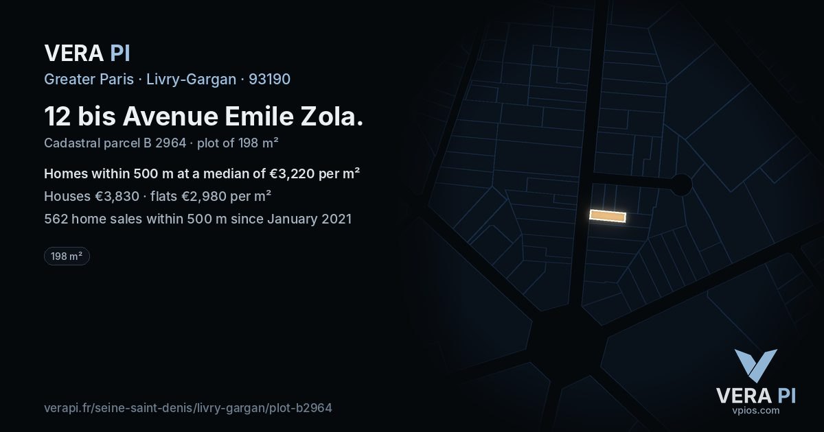 12 bis Avenue Emile Zola, Livry-Gargan at night – the plot lit, the parcels around coloured by the prices near them