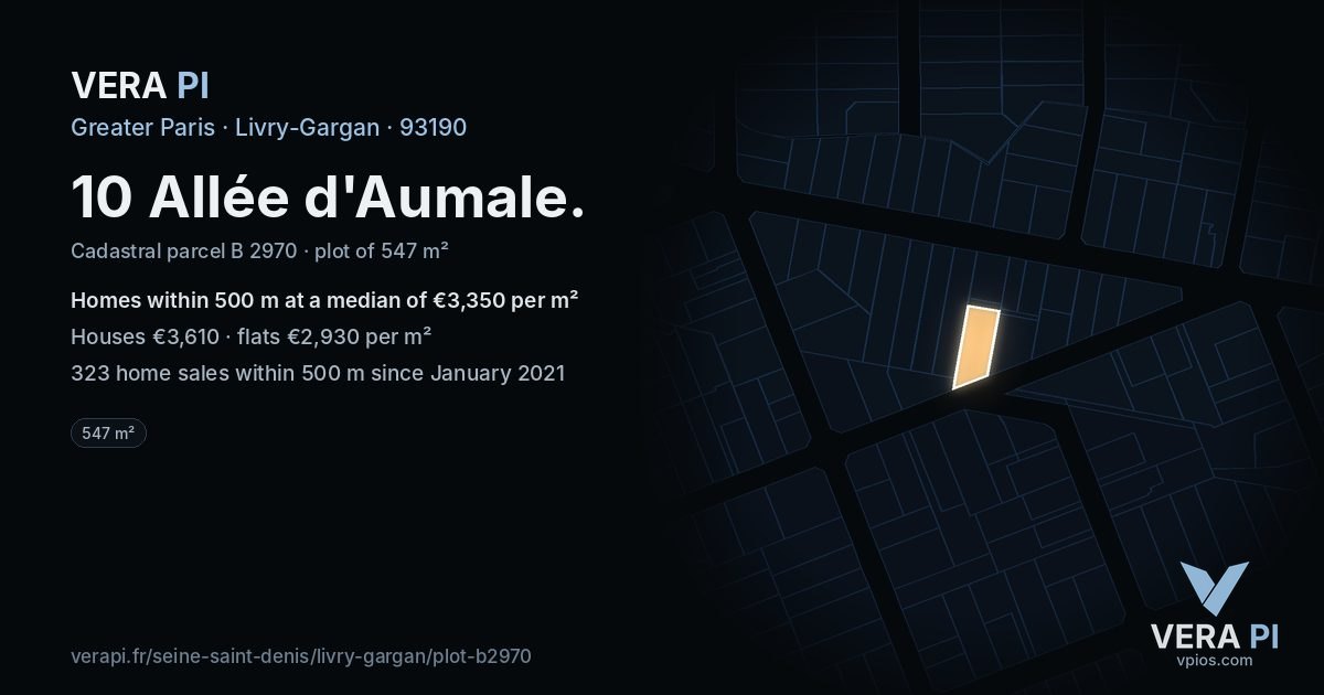 10 Allée d'Aumale, Livry-Gargan at night – the plot lit, the parcels around coloured by the prices near them