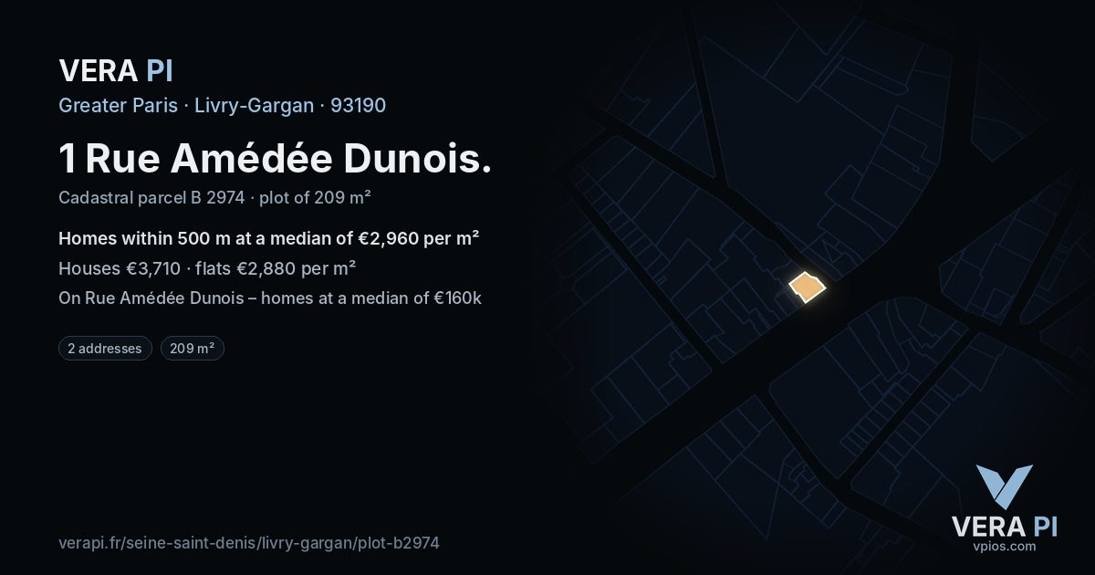 1 Rue Amédée Dunois, Livry-Gargan at night – the plot lit, the parcels around coloured by the prices near them
