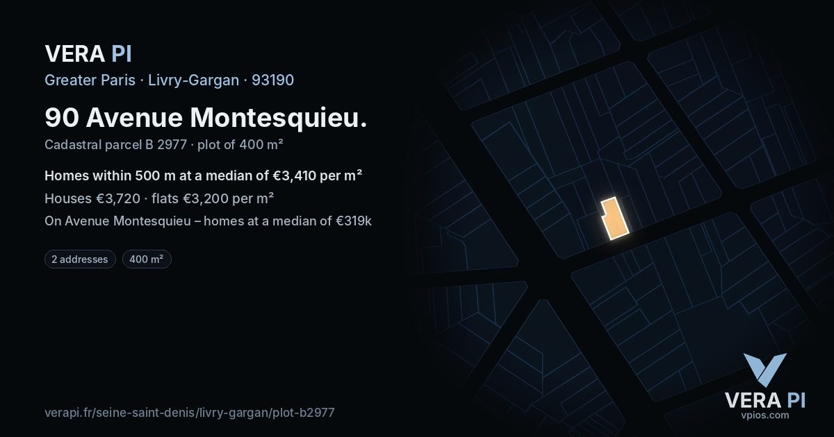 90 Avenue Montesquieu, Livry-Gargan at night – the plot lit, the parcels around coloured by the prices near them
