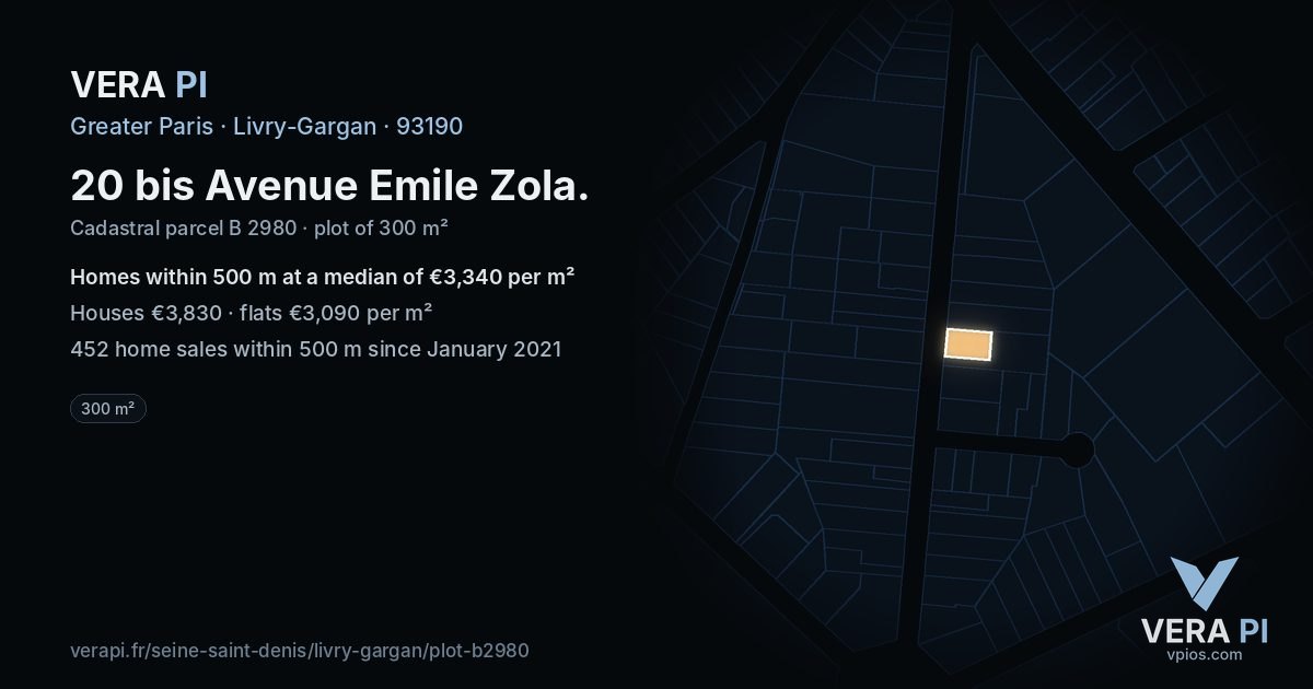 20 bis Avenue Emile Zola, Livry-Gargan at night – the plot lit, the parcels around coloured by the prices near them