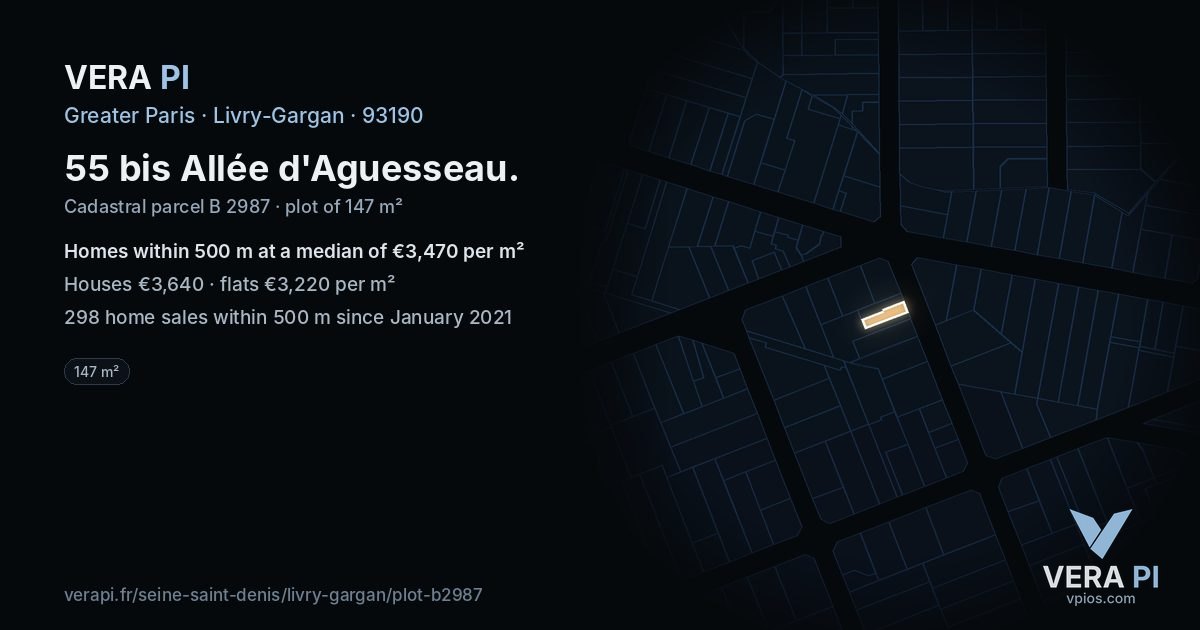 55 bis Allée d'Aguesseau, Livry-Gargan at night – the plot lit, the parcels around coloured by the prices near them