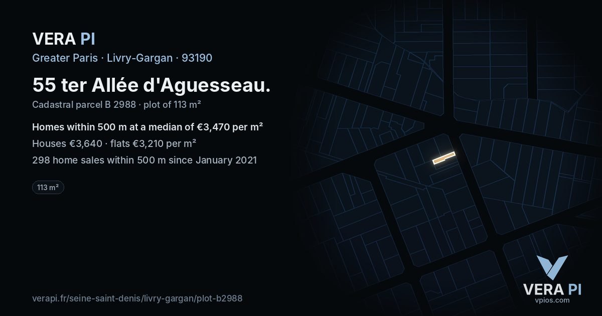 55 ter Allée d'Aguesseau, Livry-Gargan at night – the plot lit, the parcels around coloured by the prices near them