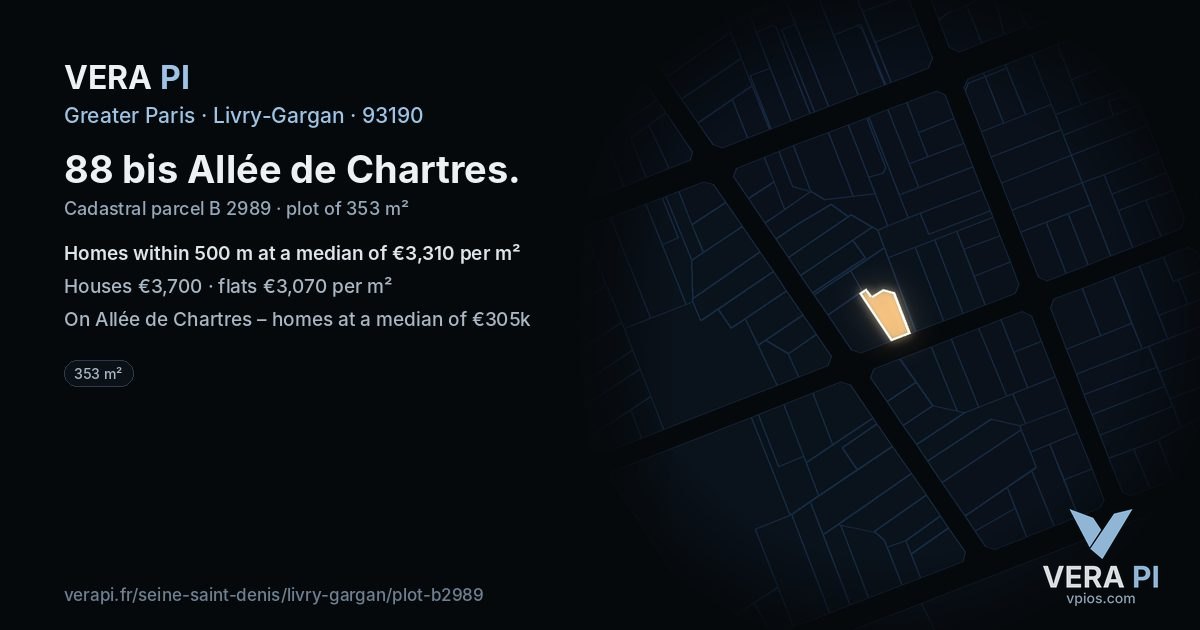 88 bis Allée de Chartres, Livry-Gargan at night – the plot lit, the parcels around coloured by the prices near them