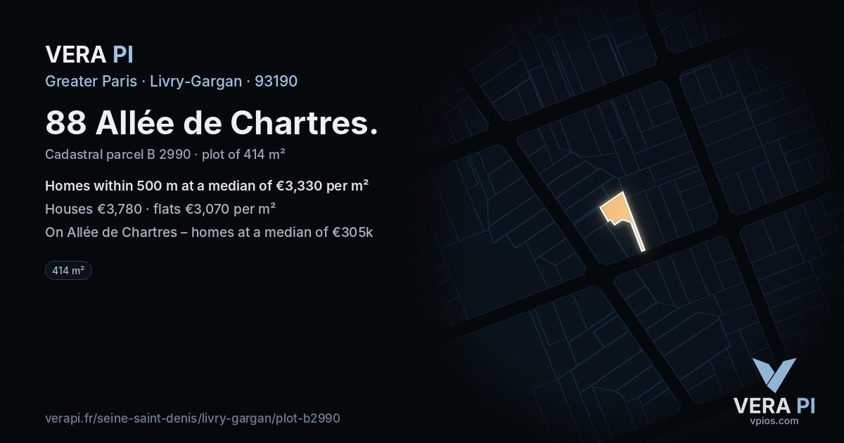 88 Allée de Chartres, Livry-Gargan at night – the plot lit, the parcels around coloured by the prices near them