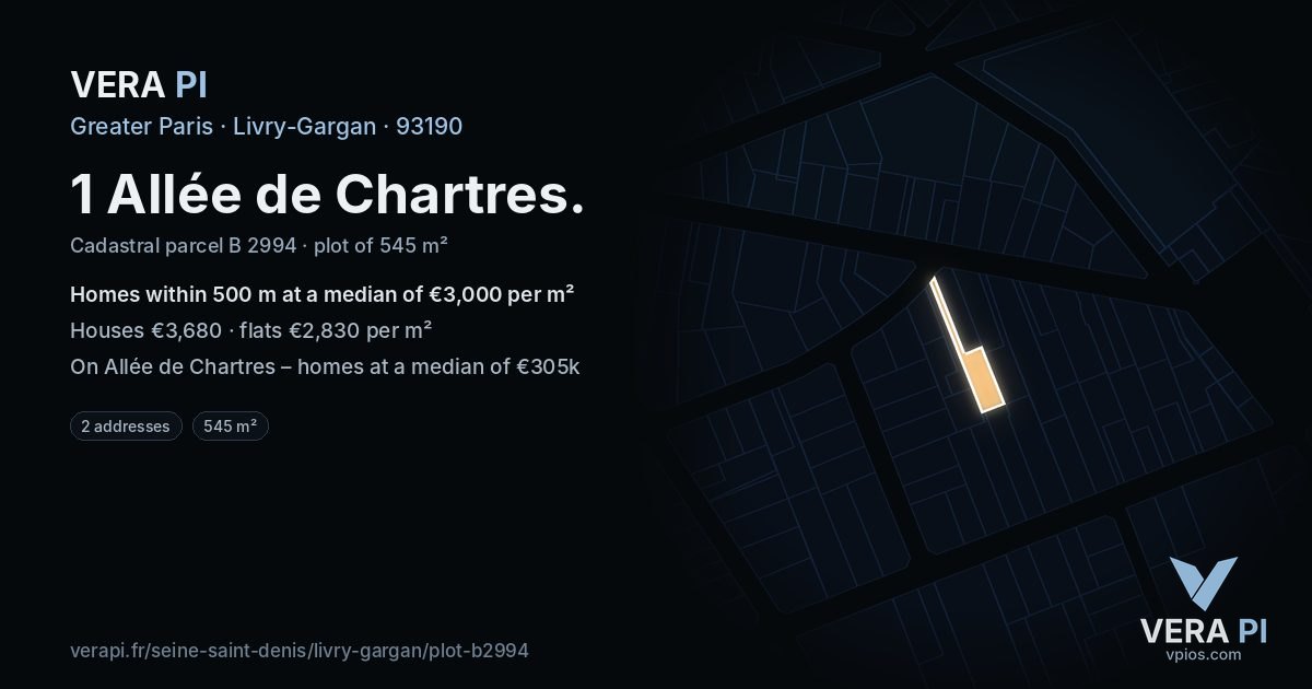 1 Allée de Chartres, Livry-Gargan at night – the plot lit, the parcels around coloured by the prices near them