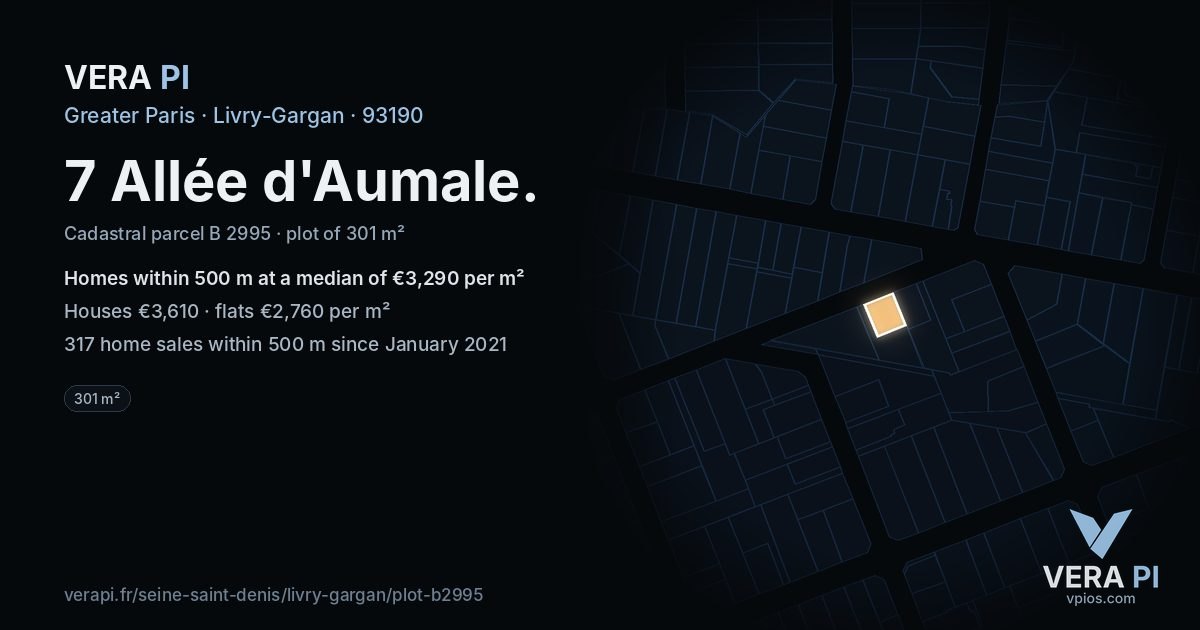 7 Allée d'Aumale, Livry-Gargan at night – the plot lit, the parcels around coloured by the prices near them