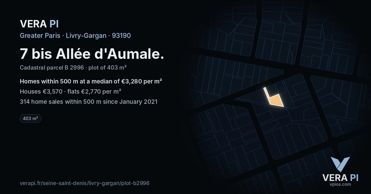 7 bis Allée d'Aumale, Livry-Gargan at night – the plot lit, the parcels around coloured by the prices near them
