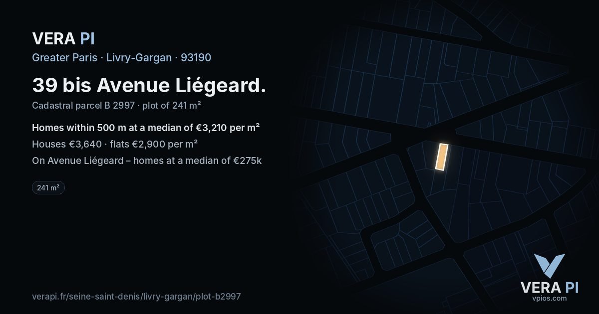 39 bis Avenue Liégeard, Livry-Gargan at night – the plot lit, the parcels around coloured by the prices near them