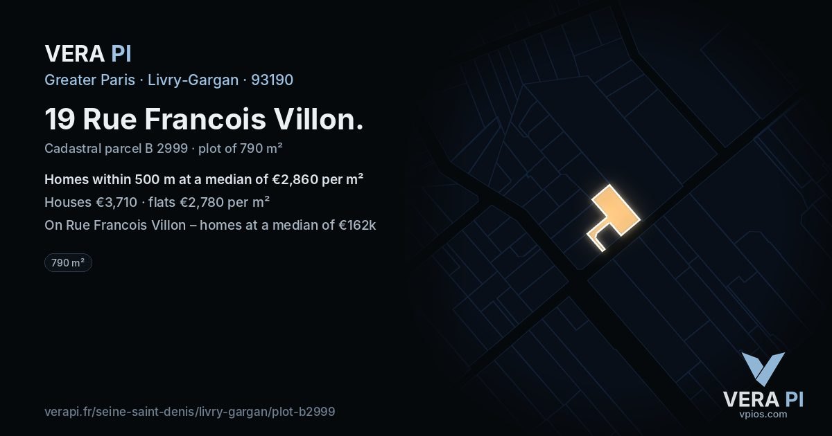 19 Rue Francois Villon, Livry-Gargan at night – the plot lit, the parcels around coloured by the prices near them