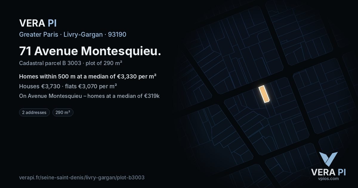 71 Avenue Montesquieu, Livry-Gargan at night – the plot lit, the parcels around coloured by the prices near them