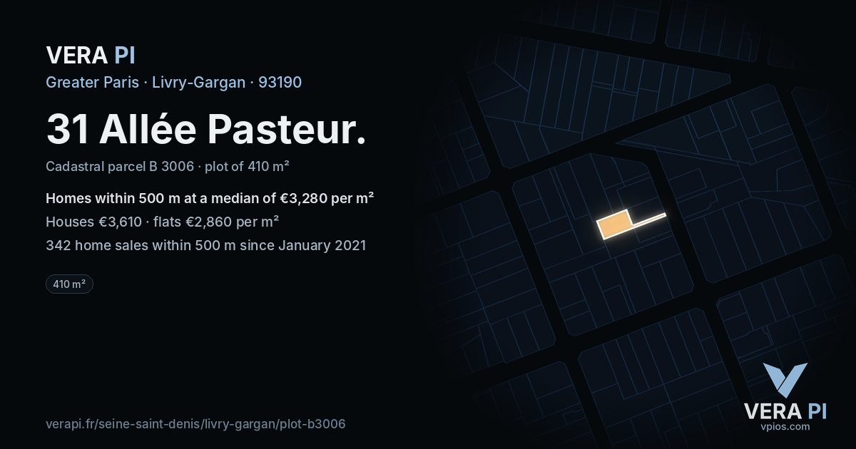31 Allée Pasteur, Livry-Gargan at night – the plot lit, the parcels around coloured by the prices near them