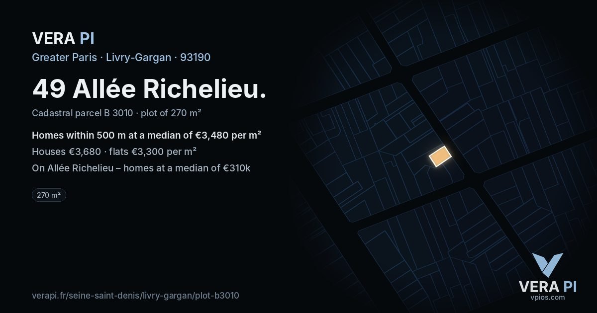 49 Allée Richelieu, Livry-Gargan at night – the plot lit, the parcels around coloured by the prices near them
