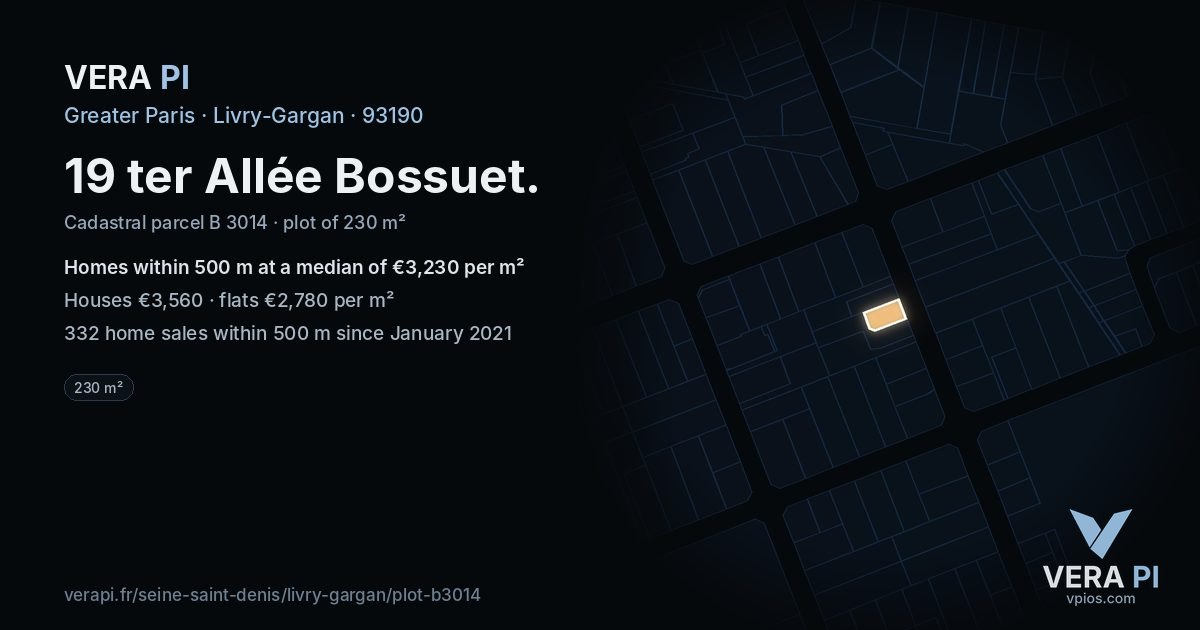 19 ter Allée Bossuet, Livry-Gargan at night – the plot lit, the parcels around coloured by the prices near them