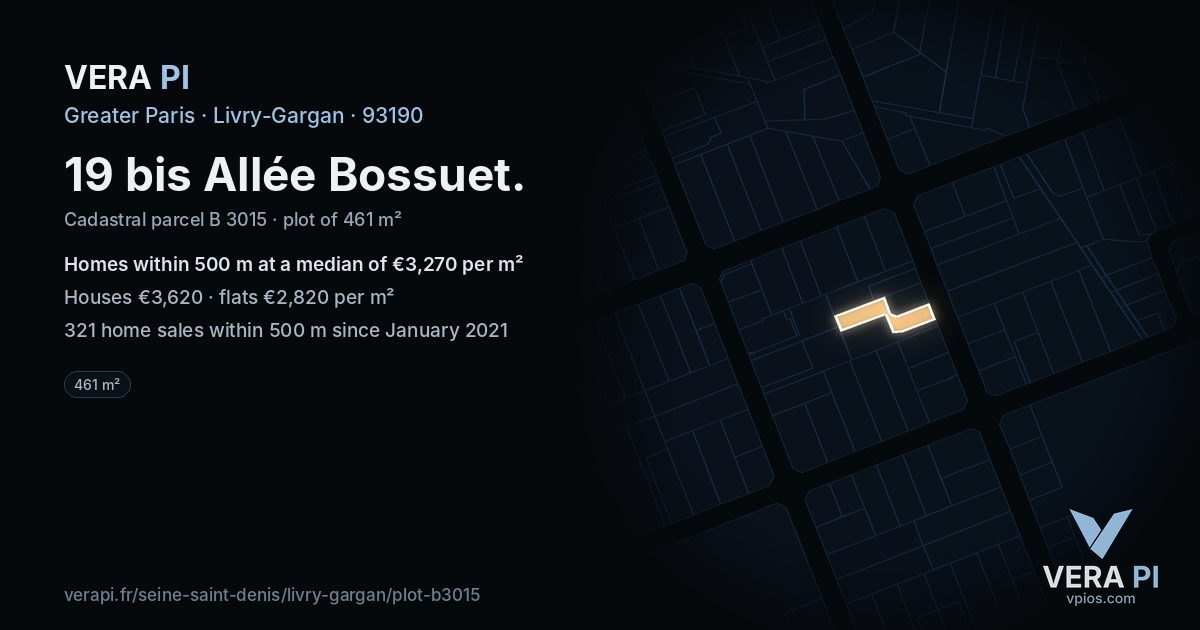 19 bis Allée Bossuet, Livry-Gargan at night – the plot lit, the parcels around coloured by the prices near them
