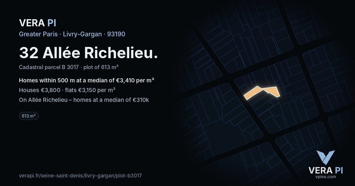 32 Allée Richelieu, Livry-Gargan at night – the plot lit, the parcels around coloured by the prices near them