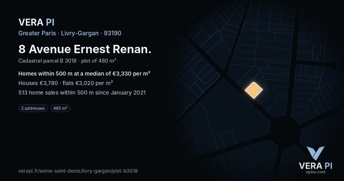 8 Avenue Ernest Renan, Livry-Gargan at night – the plot lit, the parcels around coloured by the prices near them