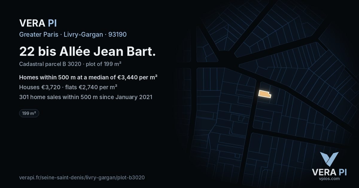 22 bis Allée Jean Bart, Livry-Gargan at night – the plot lit, the parcels around coloured by the prices near them