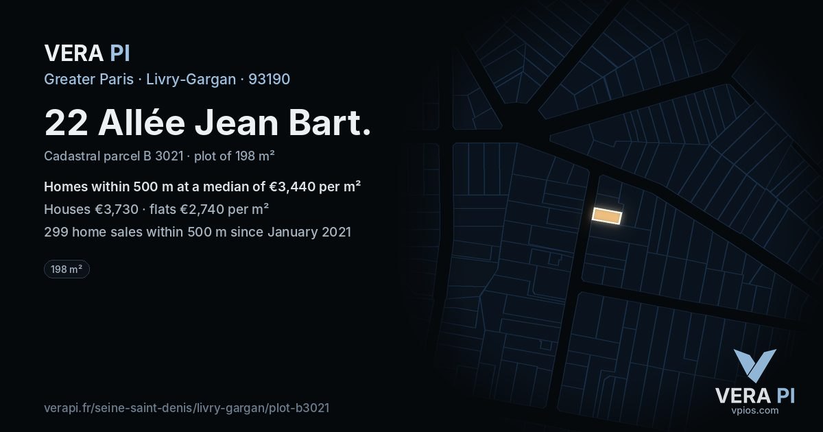 22 Allée Jean Bart, Livry-Gargan at night – the plot lit, the parcels around coloured by the prices near them
