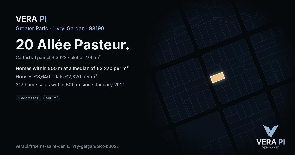 20 Allée Pasteur, Livry-Gargan at night – the plot lit, the parcels around coloured by the prices near them