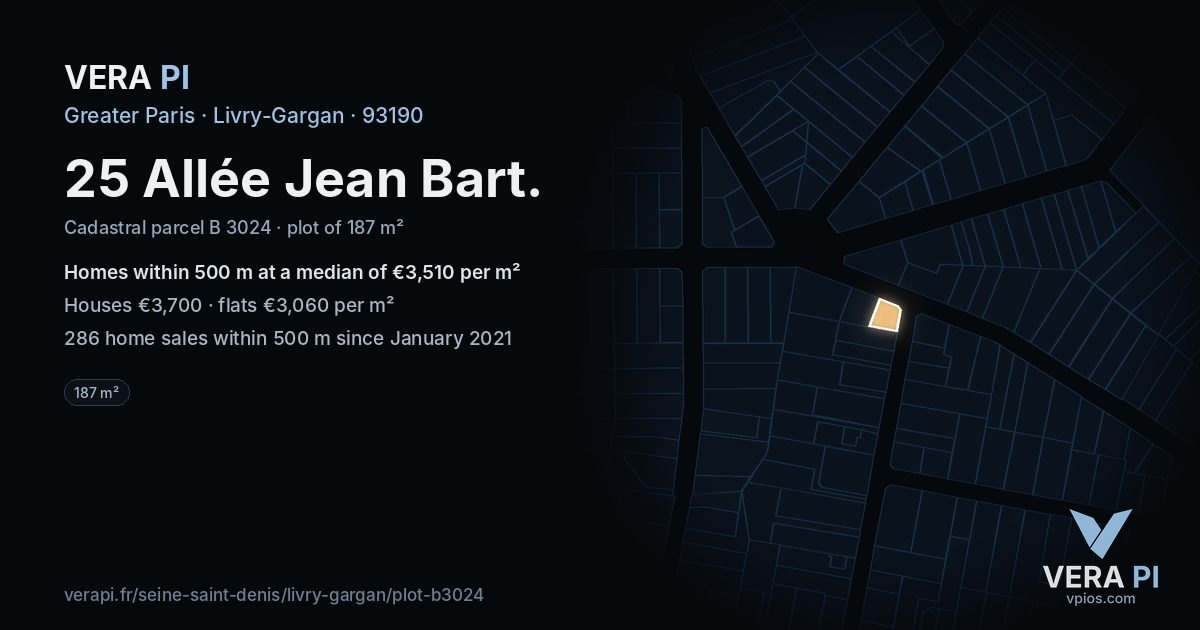 25 Allée Jean Bart, Livry-Gargan at night – the plot lit, the parcels around coloured by the prices near them