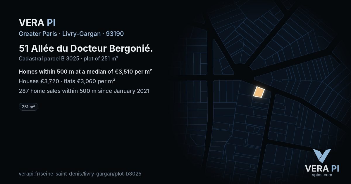 51 Allée du Docteur Bergonié, Livry-Gargan at night – the plot lit, the parcels around coloured by the prices near them