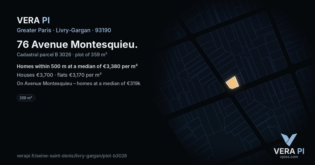 76 Avenue Montesquieu, Livry-Gargan at night – the plot lit, the parcels around coloured by the prices near them
