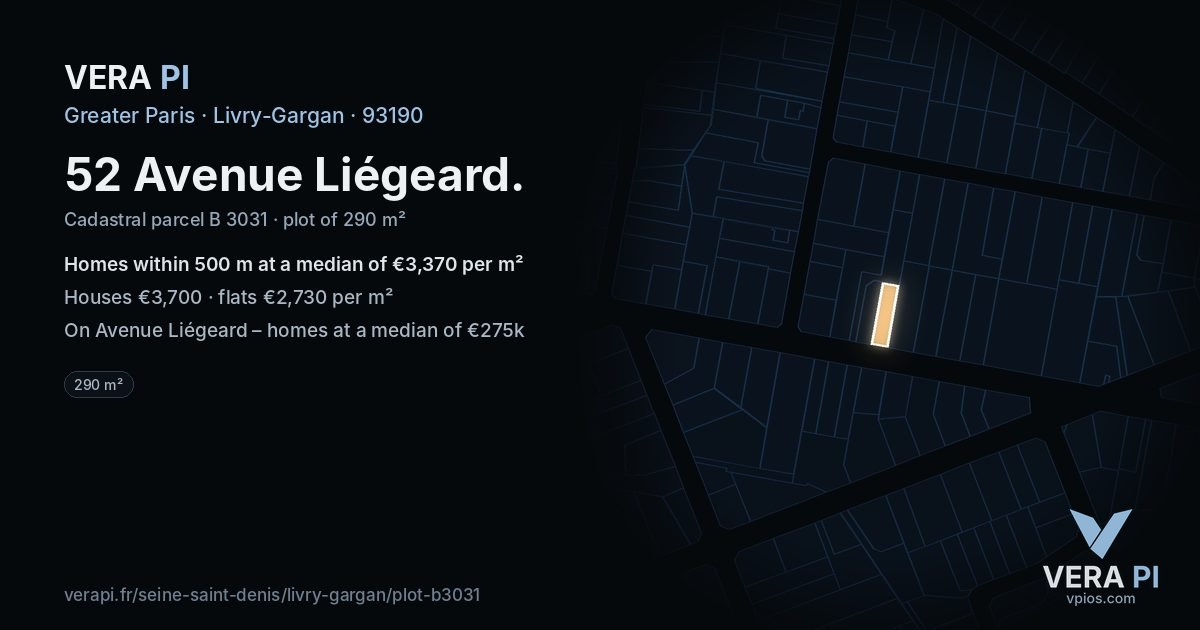 52 Avenue Liégeard, Livry-Gargan at night – the plot lit, the parcels around coloured by the prices near them