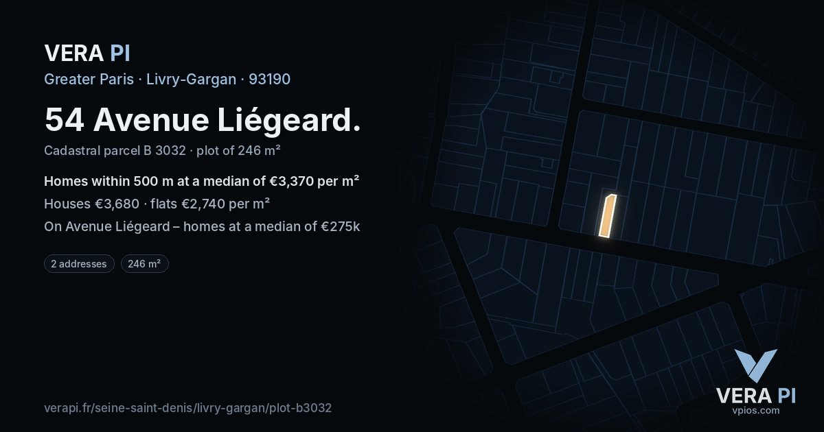 54 Avenue Liégeard, Livry-Gargan at night – the plot lit, the parcels around coloured by the prices near them