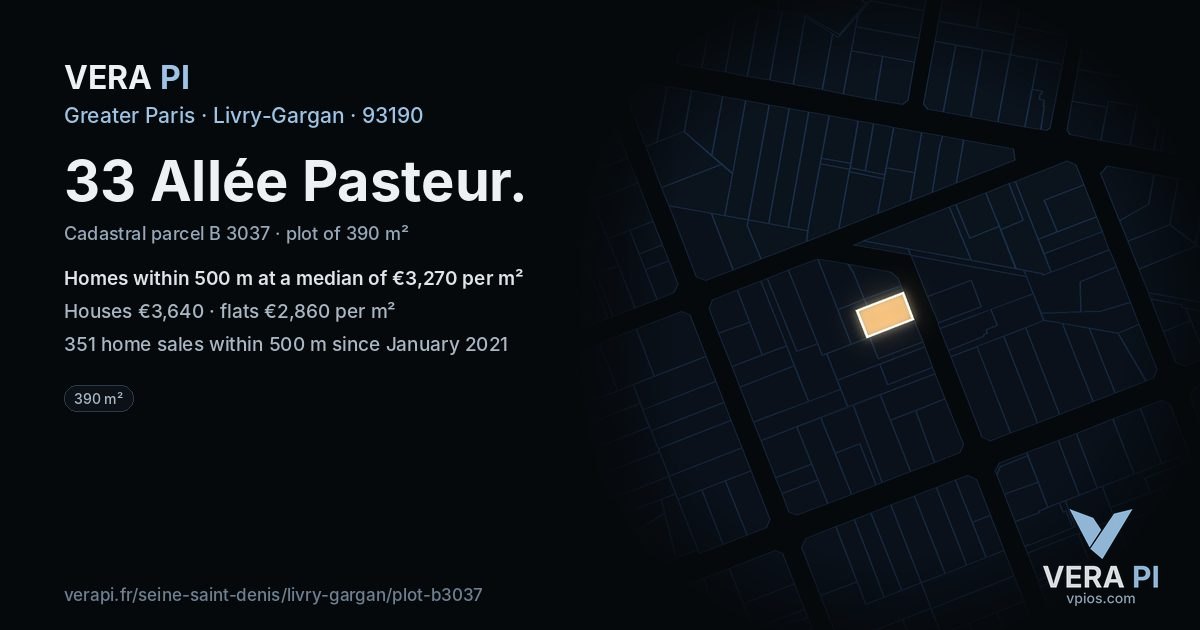 33 Allée Pasteur, Livry-Gargan at night – the plot lit, the parcels around coloured by the prices near them